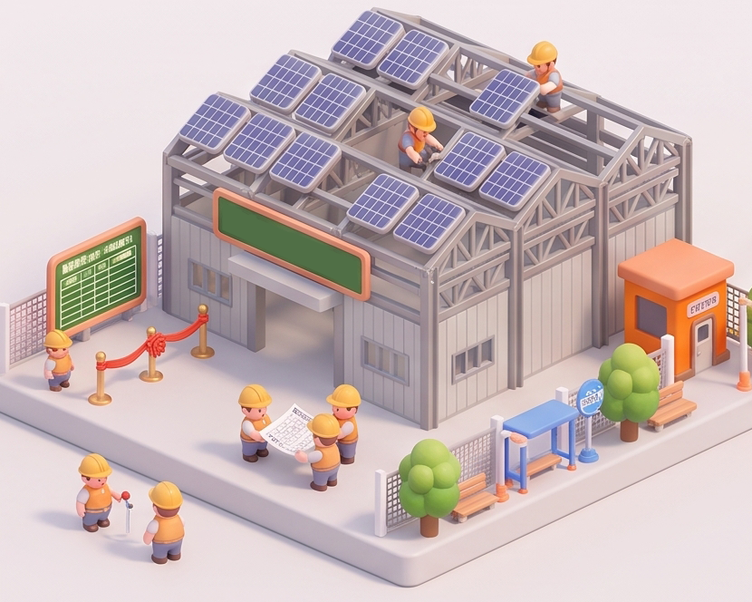 建廠工程統包：太陽能板廠房鋼構屋頂施工示意