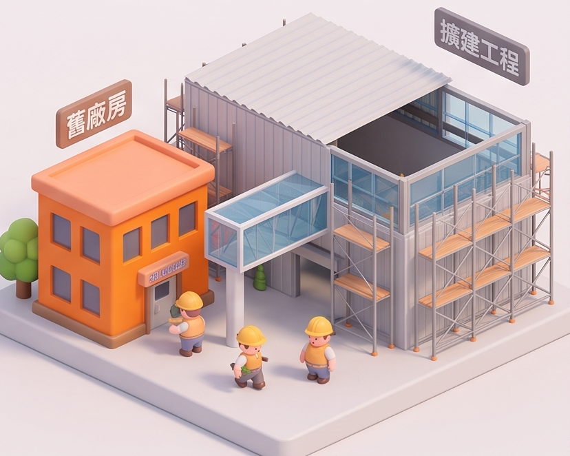 廠辦興建擴建：舊廠房加蓋擴建工程示意