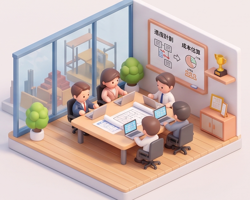 營建工程諮詢：工程團隊會議討論進度計劃與成本估算